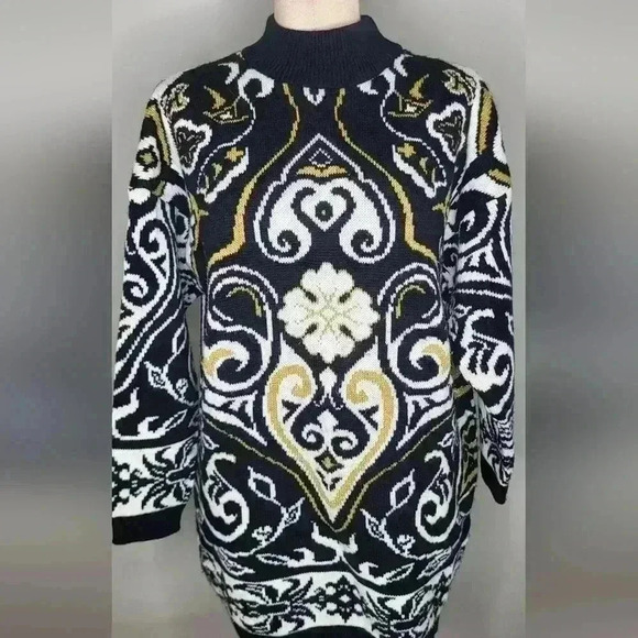 80s Vintage Paisley Sweater 90s Gold Black White Metallic Geometric Size M or L - Picture 2 of 8